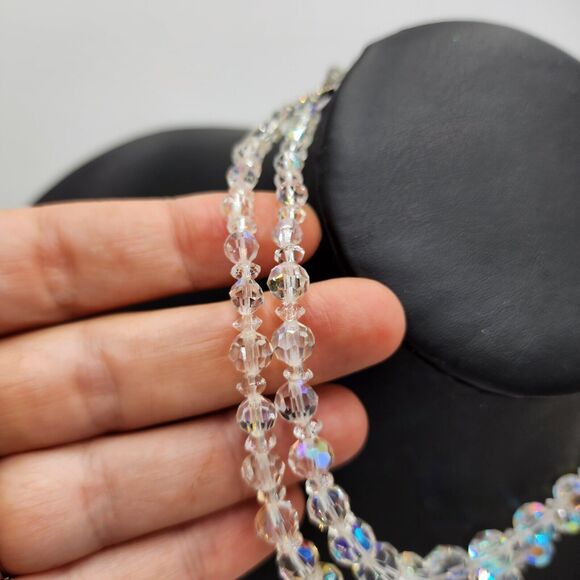 Vintage Clear AB Aurora Borealis Crystal Graduated Double Strand 14-16" Necklace - Picture 3 of 6